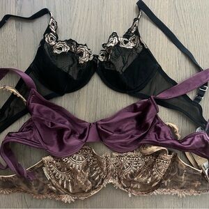 Italian Elegant Lace and Satin Bra Set - Black, Purple, and Tan